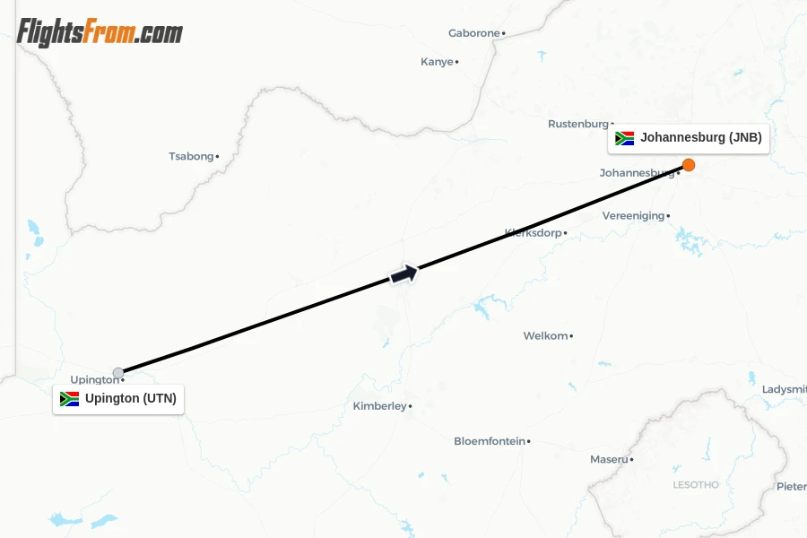 Flights from Upington to Johannesburg route map