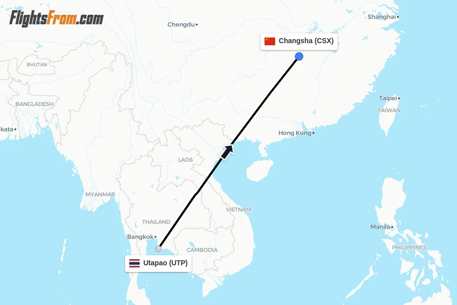 Flights from Utapao to Changsha route map