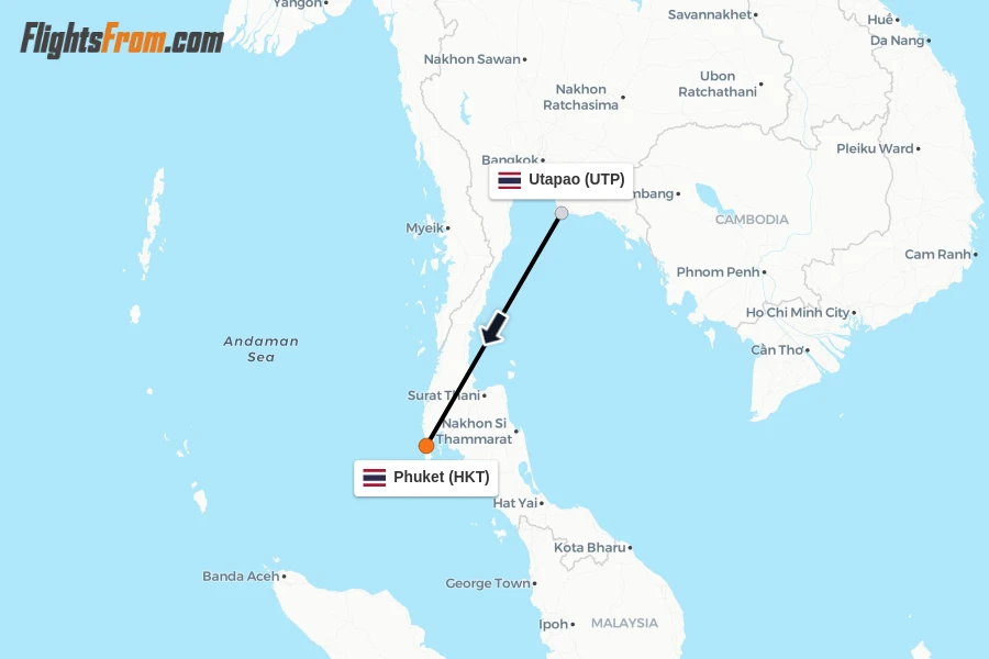 Flights from Utapao to Phuket route map