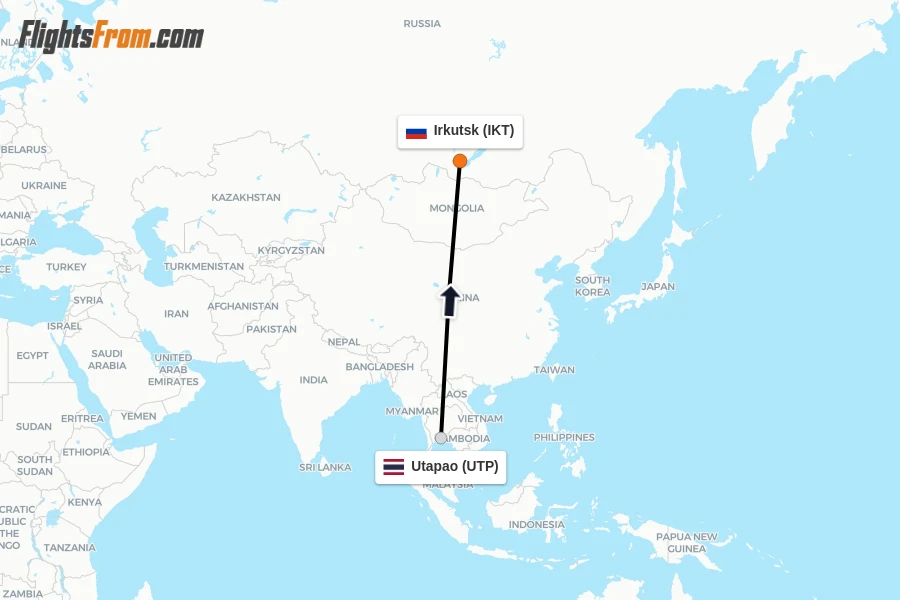 Flights from Utapao to Irkutsk route map