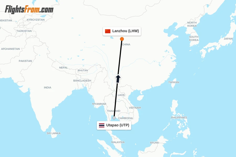Flights from Utapao to Lanzhou route map