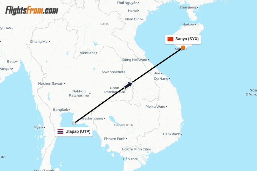 Flights from Utapao to Sanya route map