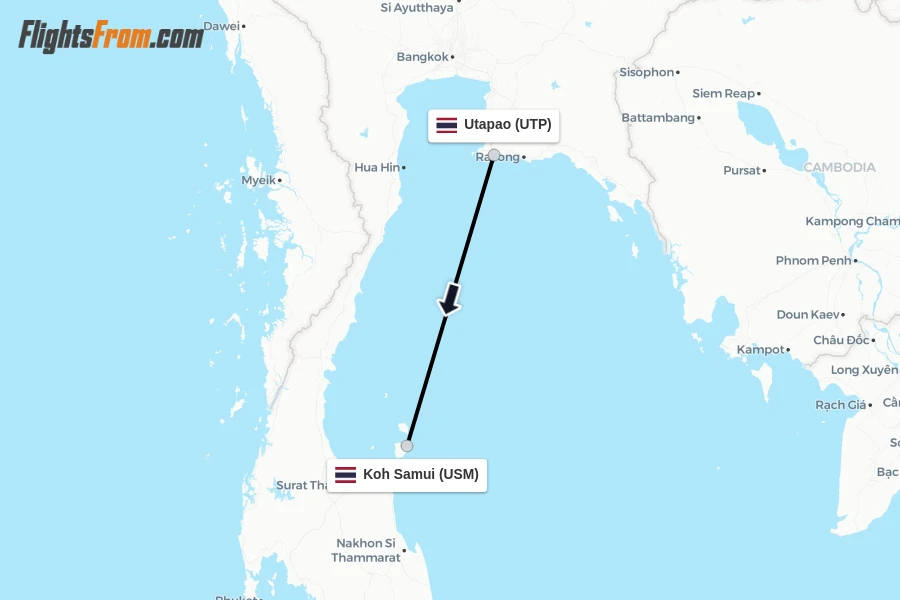 Flights from Utapao to Koh Samui route map