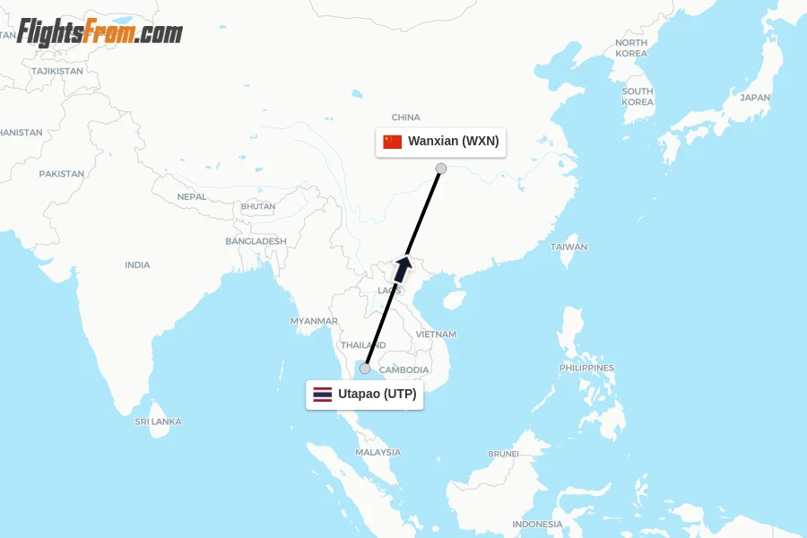 Flights from Utapao to Wanxian route map