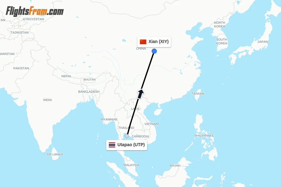 Flights from Utapao to Xian route map