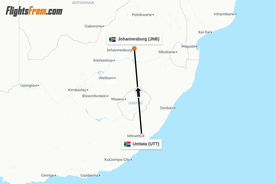 Flights from Umtata to Johannesburg route map