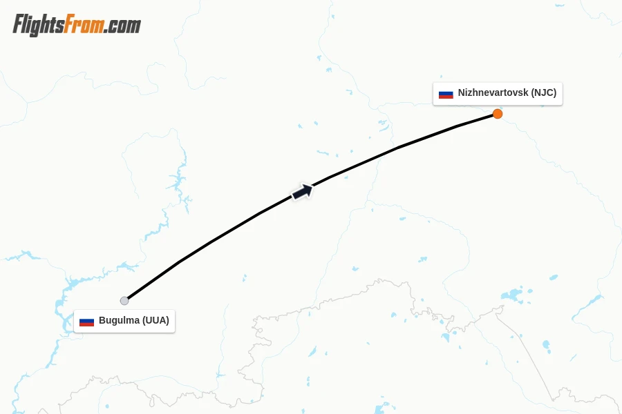 Flights from Bugulma to Nizhnevartovsk route map