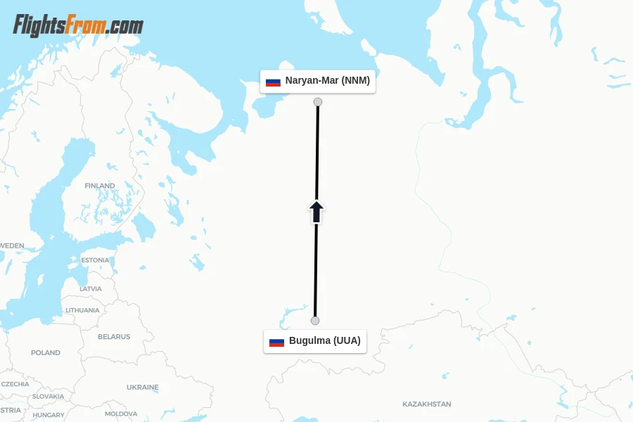Flights from Bugulma to Naryan-Mar route map