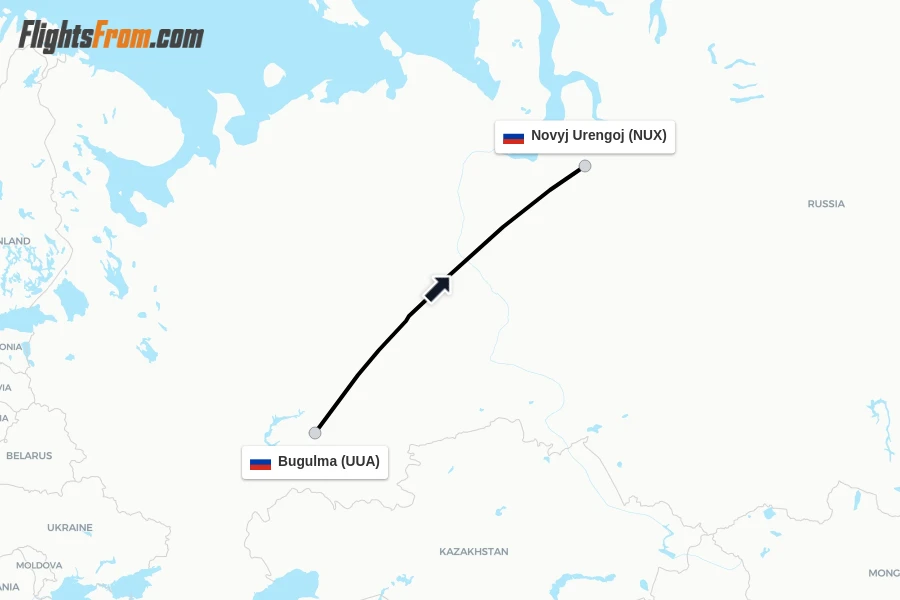 Flights from Bugulma to Novyj Urengoj route map