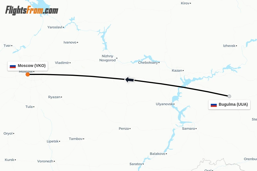 Flights from Bugulma to Moscow route map