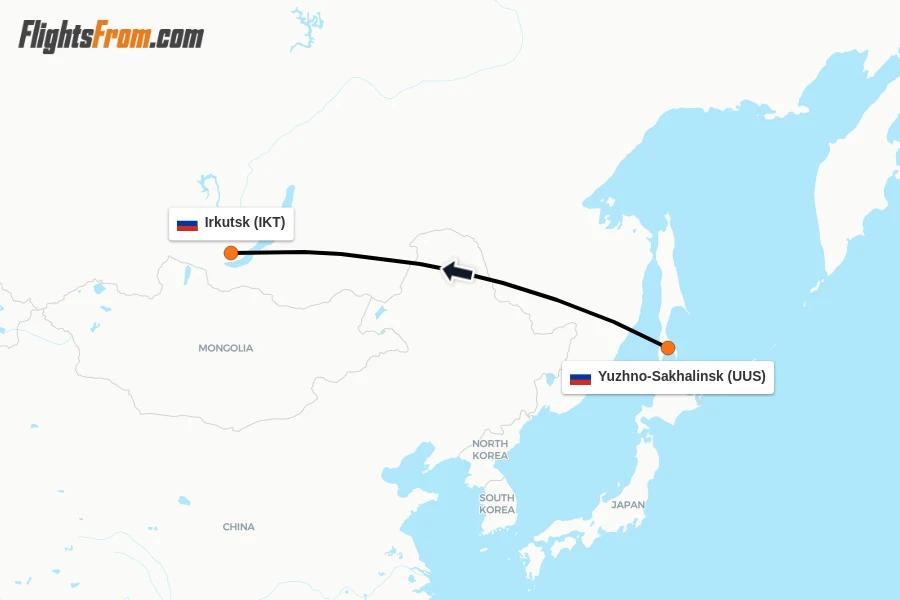 Flights from Yuzhno-Sakhalinsk to Irkutsk route map