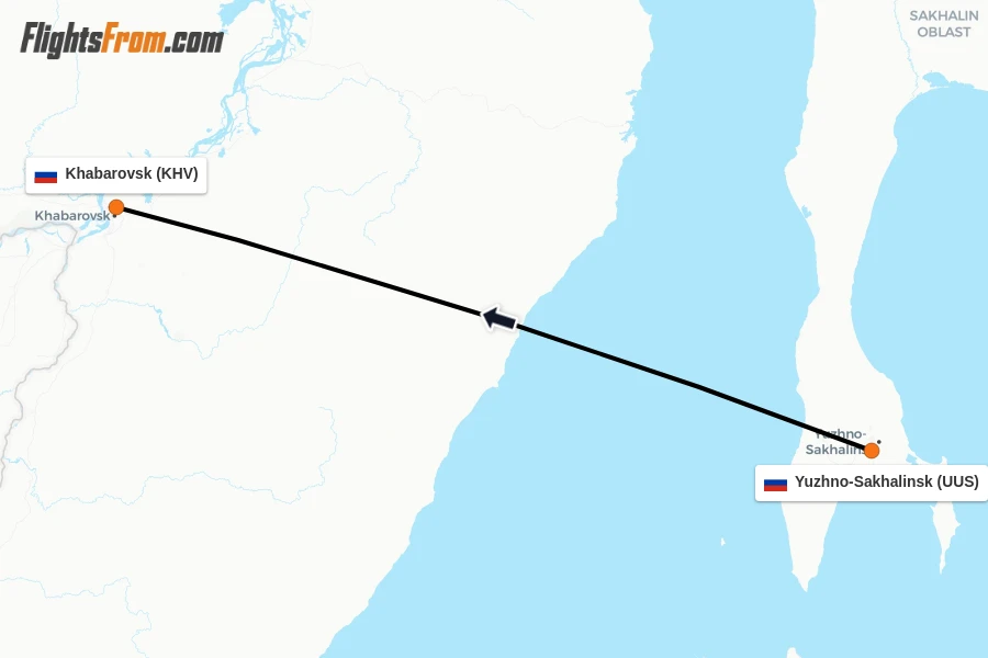 Flights from Yuzhno-Sakhalinsk to Khabarovsk route map