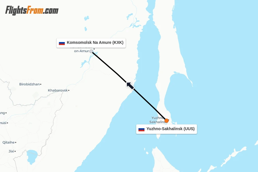 Flights from Yuzhno-Sakhalinsk to Komsomolsk Na Amure route map