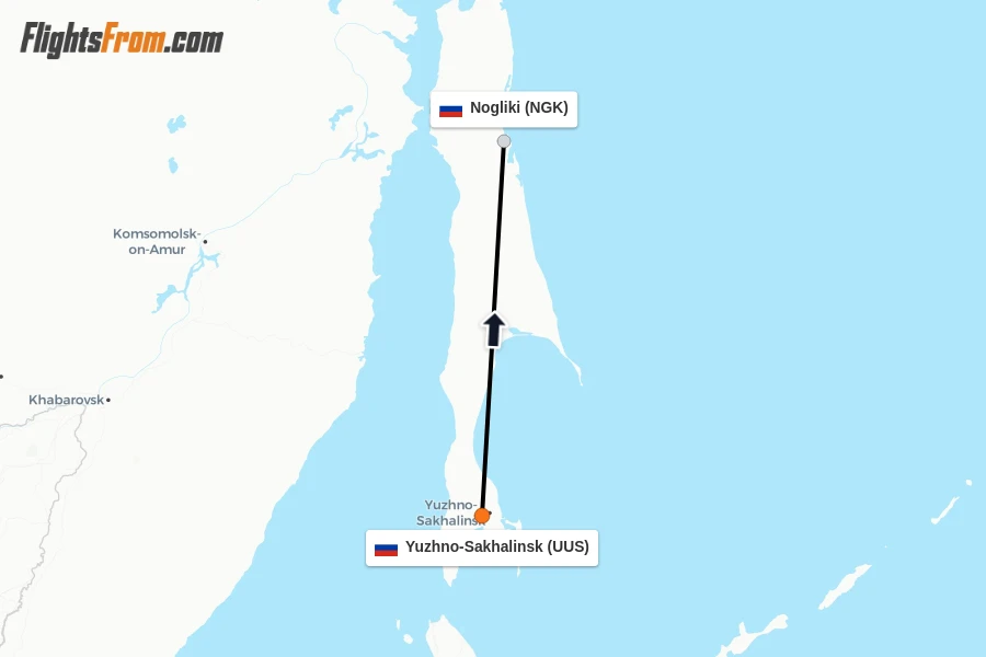Flights from Yuzhno-Sakhalinsk to Nogliki route map