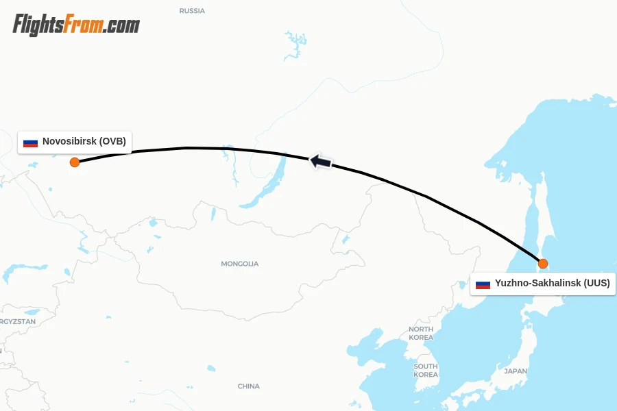 Flights from Yuzhno-Sakhalinsk to Novosibirsk route map