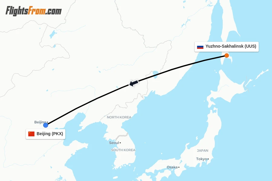 Flights from Yuzhno-Sakhalinsk to Beijing route map