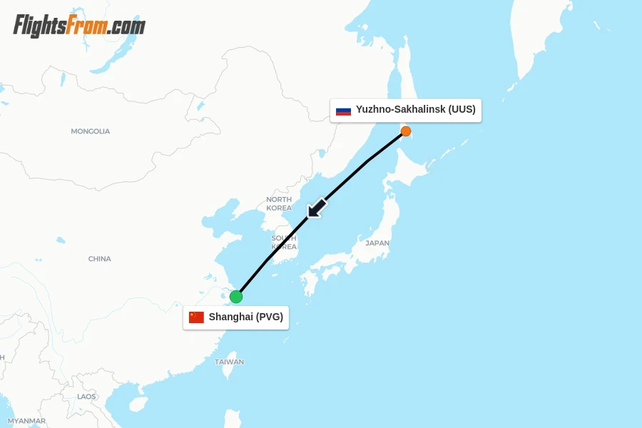 Flights from Yuzhno-Sakhalinsk to Shanghai route map