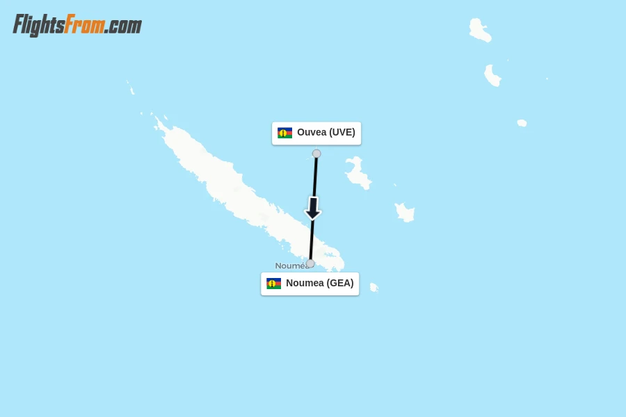 Flights from Ouvea to Noumea route map