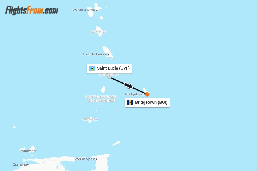 Flights from Saint Lucia to Bridgetown route map