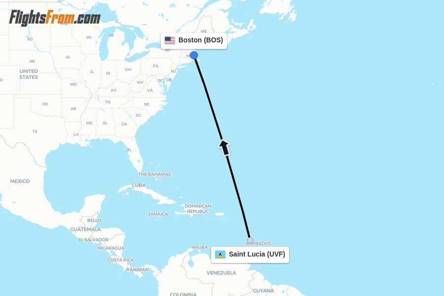 Flights from Saint Lucia to Boston route map