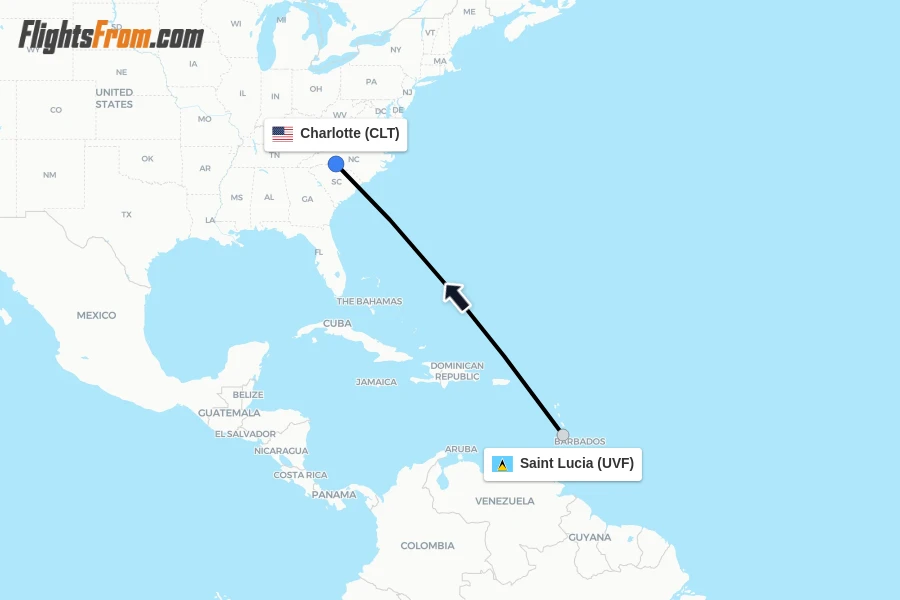 Flights from Saint Lucia to Charlotte route map