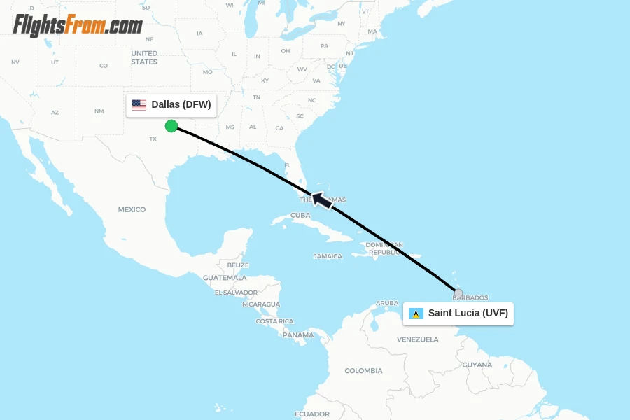 Flights from Saint Lucia to Dallas route map