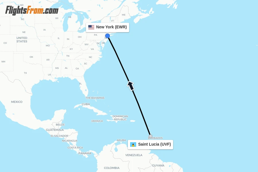 Flights from Saint Lucia to New York route map