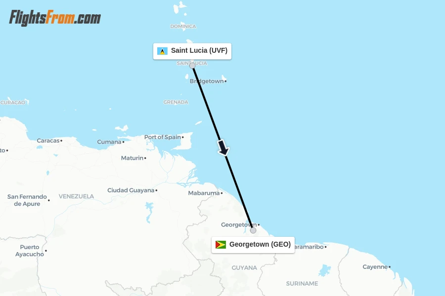 Flights from Saint Lucia to Georgetown route map