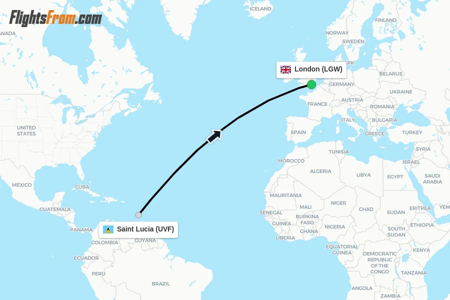 Flights from Saint Lucia to London route map