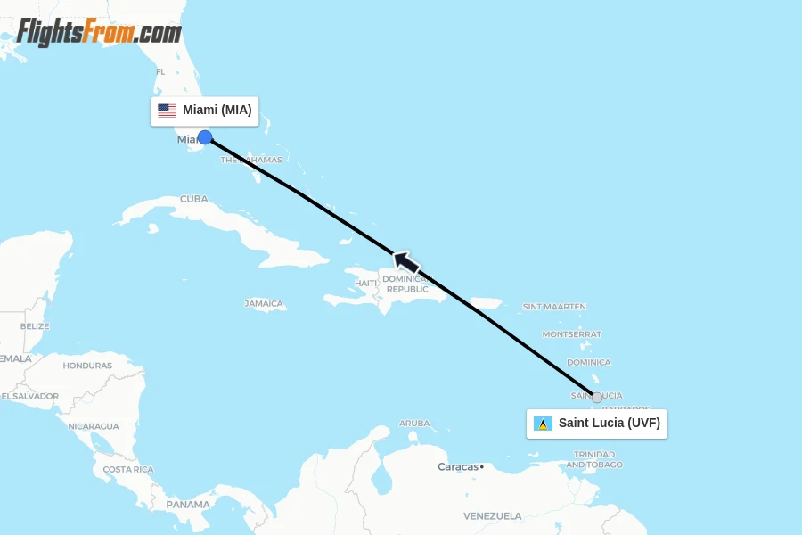 Flights from Saint Lucia to Miami route map