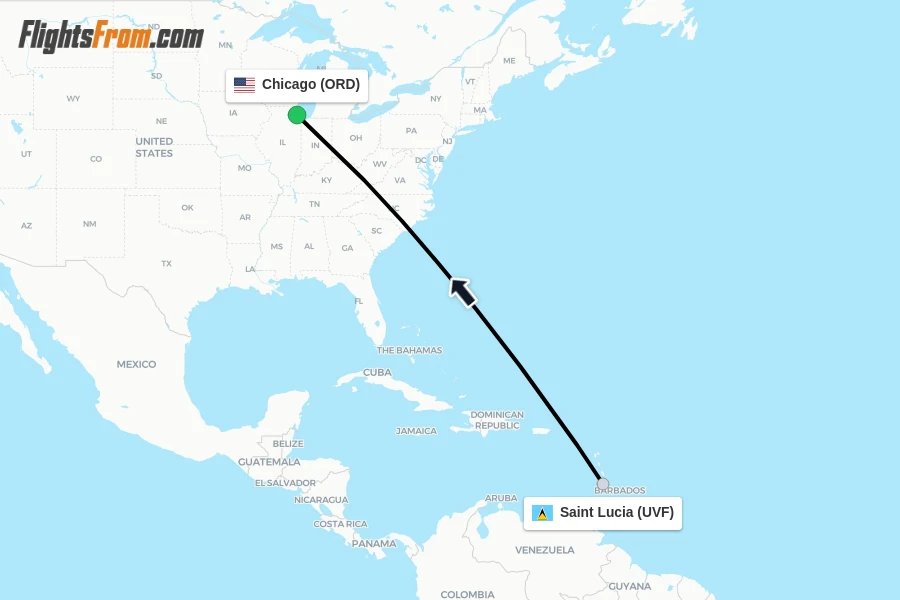 Flights from Saint Lucia to Chicago route map