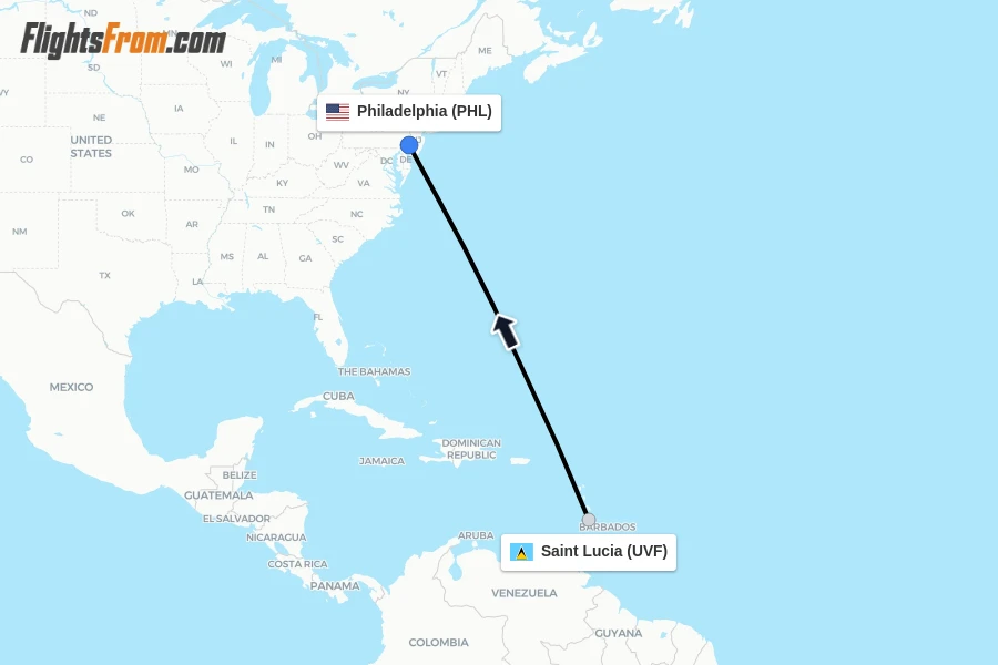 Flights from Saint Lucia to Philadelphia route map