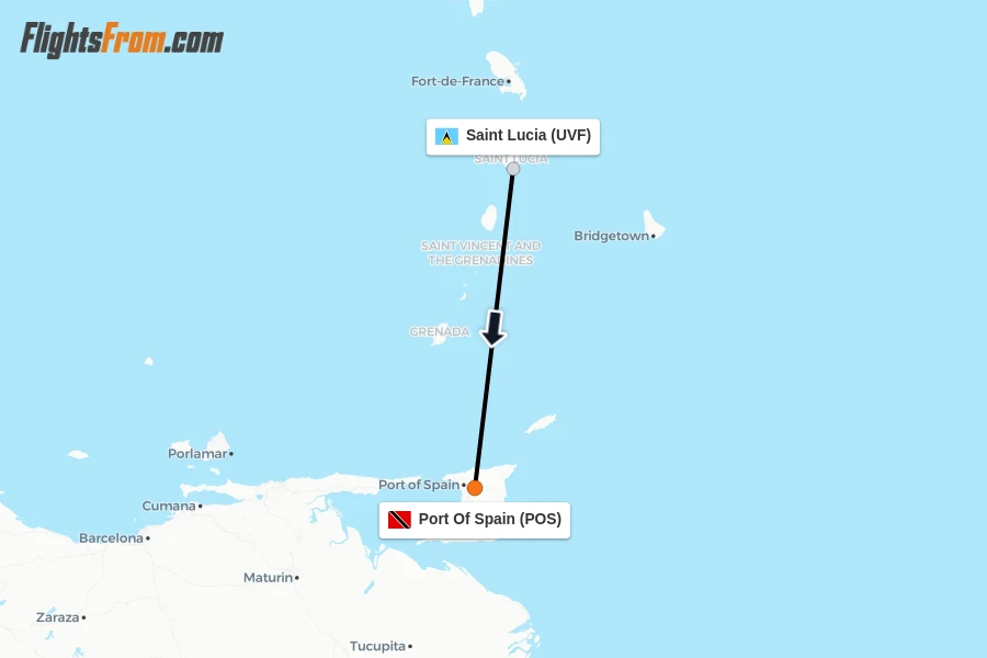 Flights from Saint Lucia to Port Of Spain route map