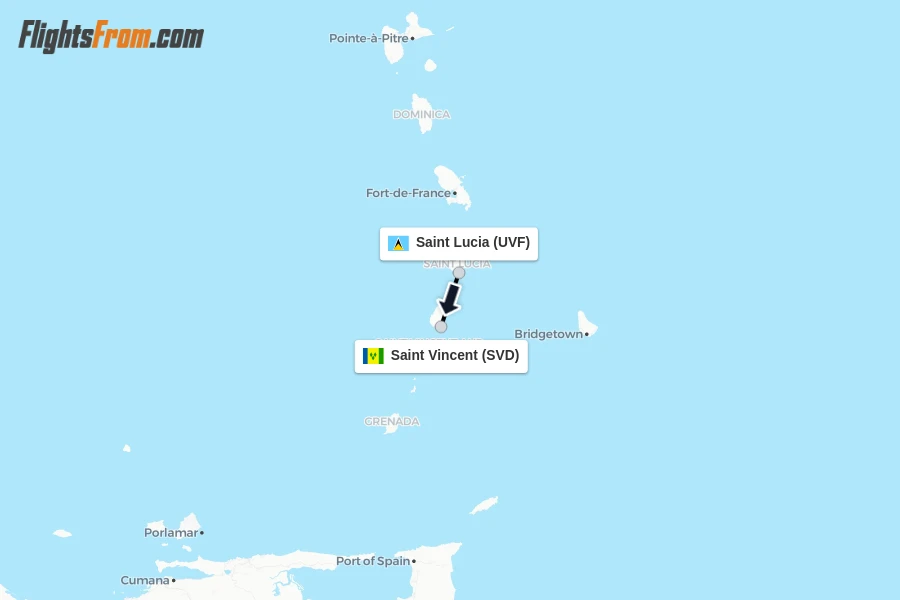 Flights from Saint Lucia to Saint Vincent route map