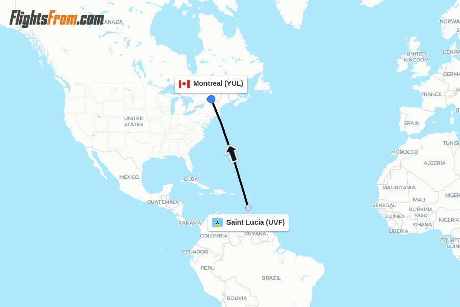 Flights from Saint Lucia to Montreal route map