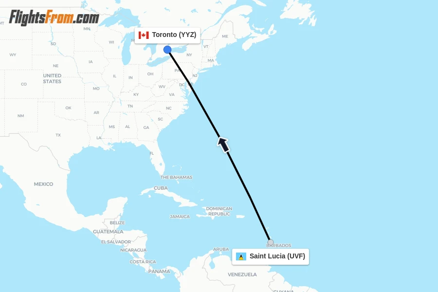 Flights from Saint Lucia to Toronto route map