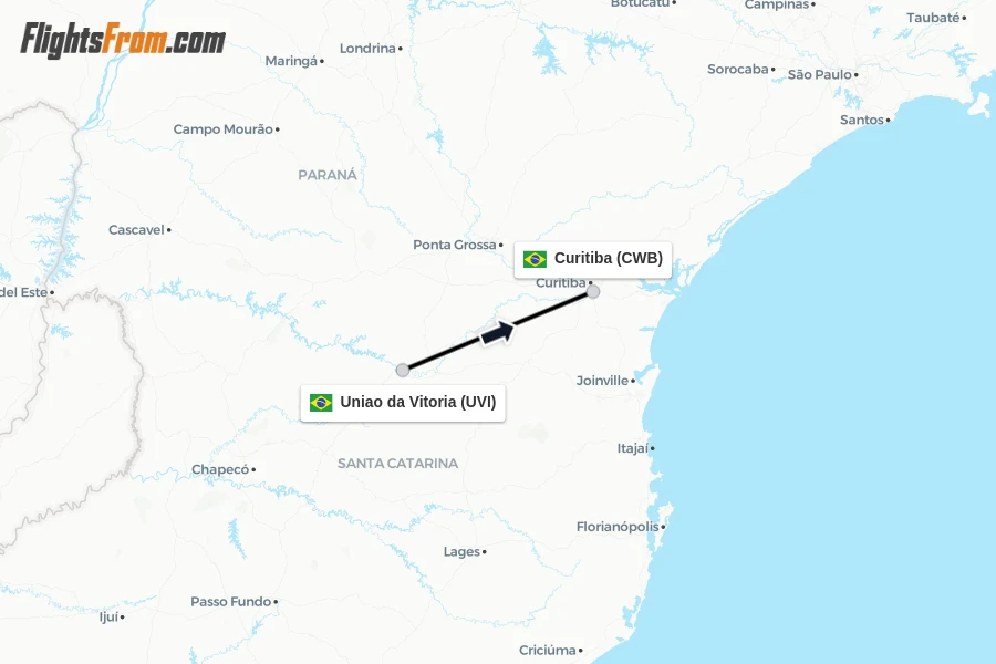 Flights from Uniao da Vitoria to Curitiba route map
