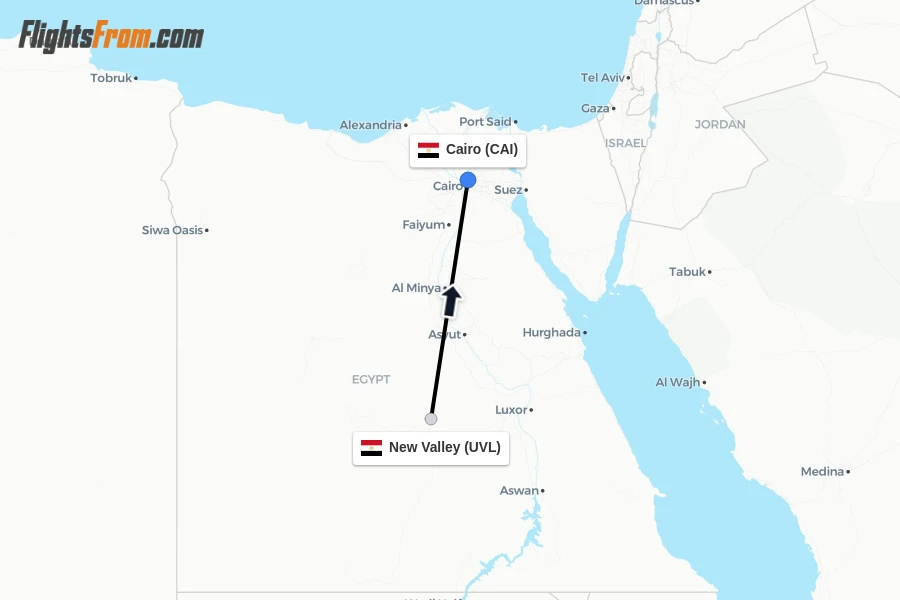 Flights from New Valley to Cairo route map