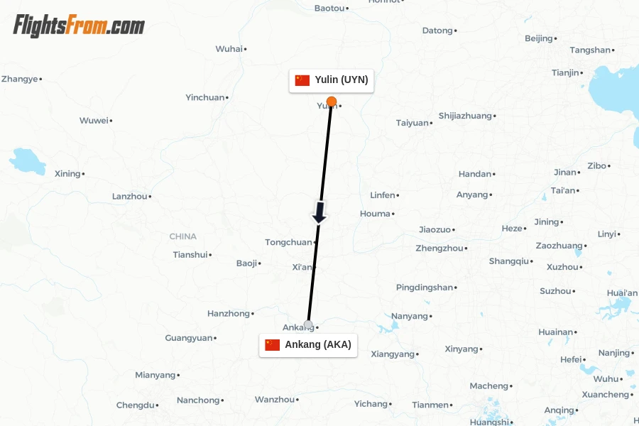 Flights from Yulin to Ankang route map