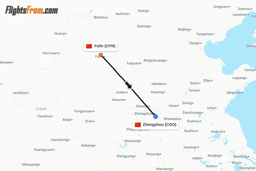 Flights from Yulin to Zhengzhou route map