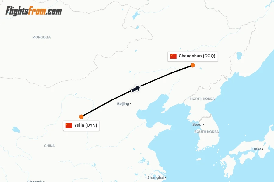 Flights from Yulin to Changchun route map