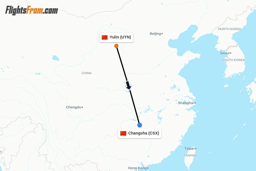 Flights from Yulin to Changsha route map