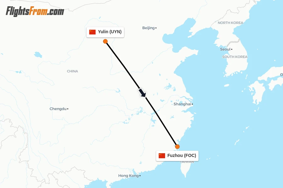 Flights from Yulin to Fuzhou route map