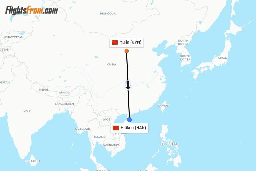 Flights from Yulin to Haikou route map