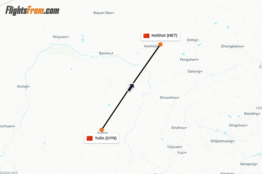 Flights from Yulin to Hohhot route map