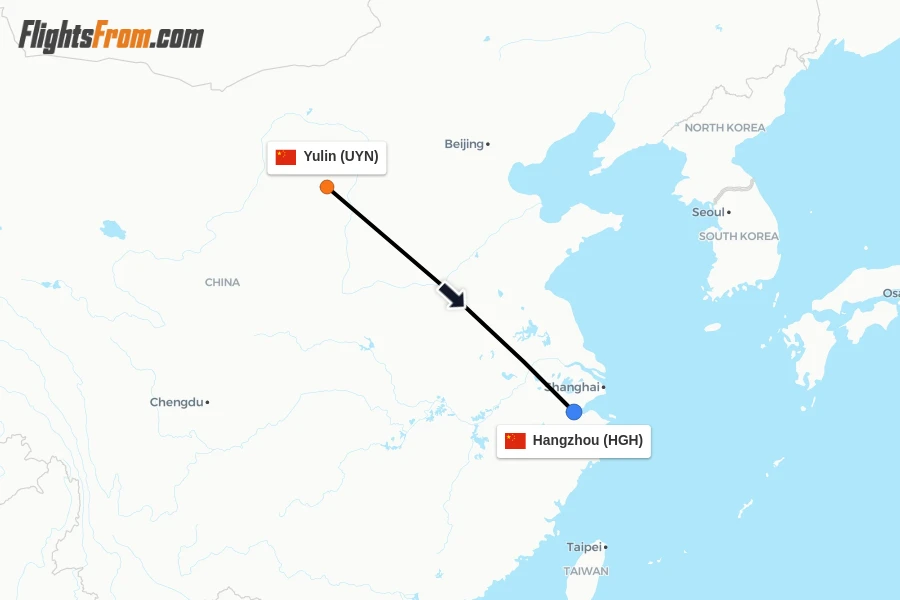 Flights from Yulin to Hangzhou route map