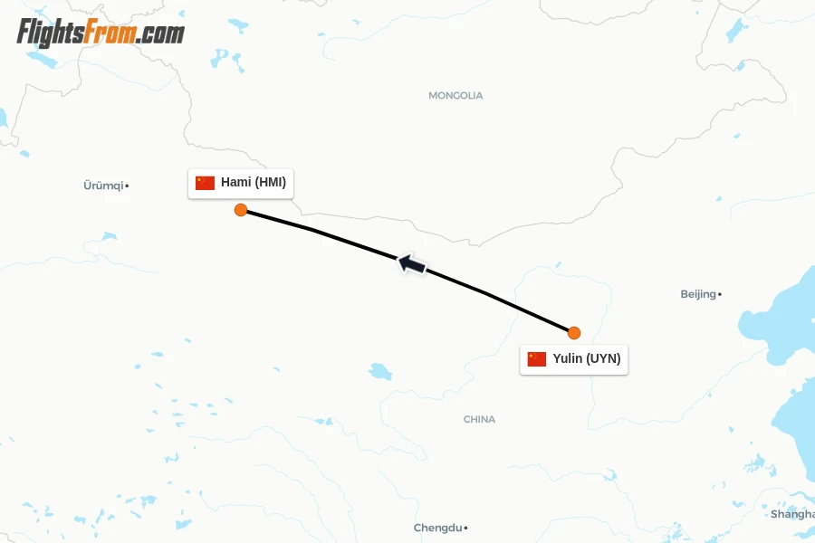 Flights from Yulin to Hami route map