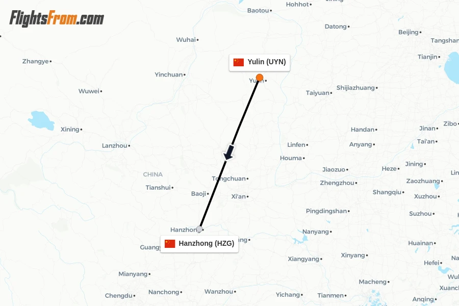 Flights from Yulin to Hanzhong route map
