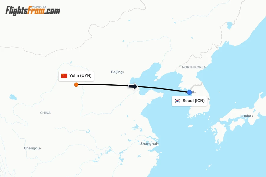 Flights from Yulin to Seoul route map