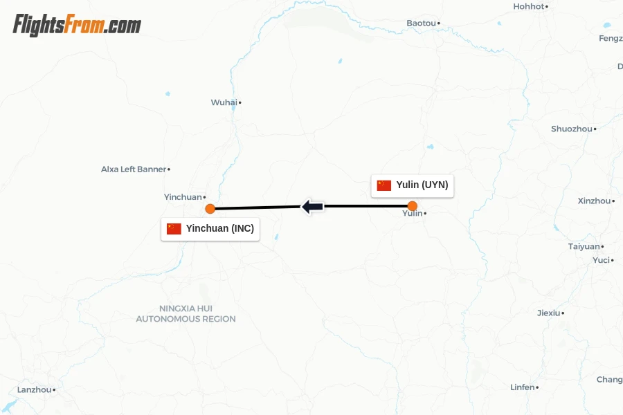 Flights from Yulin to Yinchuan route map